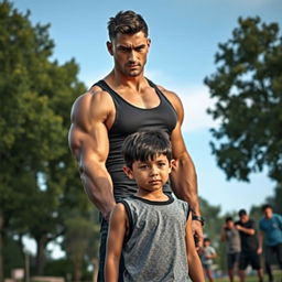 A muscular man protecting a young boy from bullies, showcasing bravery and strength