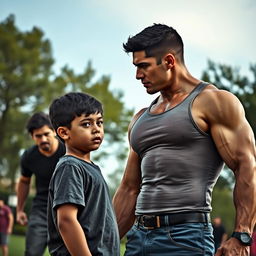 A muscular man protecting a young boy from bullies, showcasing bravery and strength