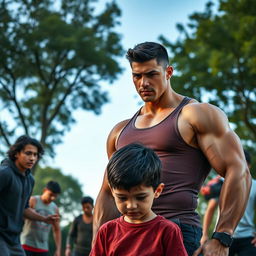 A muscular man protecting a young boy from bullies, showcasing bravery and strength