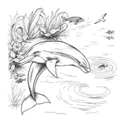 A detailed black and white sketch illustrating the Mahakam river dolphin (Pesut Mahakam) gracefully swimming in its natural habitat