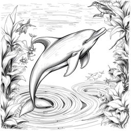 A detailed black and white sketch illustrating the Mahakam river dolphin (Pesut Mahakam) gracefully swimming in its natural habitat