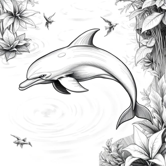 A detailed black and white sketch illustrating the Mahakam river dolphin (Pesut Mahakam) gracefully swimming in its natural habitat