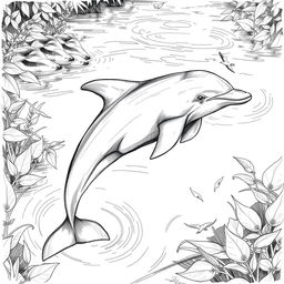 A detailed black and white sketch illustrating the Mahakam river dolphin (Pesut Mahakam) gracefully swimming in its natural habitat