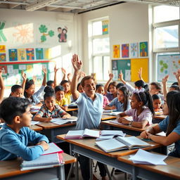 A vibrant classroom scene filled with a diverse group of students engaged in learning