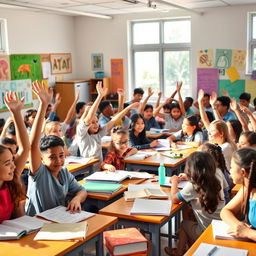 A vibrant classroom scene filled with a diverse group of students engaged in learning