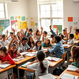 A vibrant classroom scene filled with a diverse group of students engaged in learning
