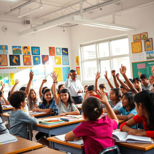 A vibrant classroom scene filled with a diverse group of students engaged in learning