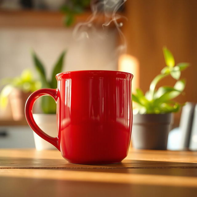 A close-up view of a slanted red coffee mug sitting on a wooden table