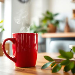 A close-up view of a slanted red coffee mug sitting on a wooden table