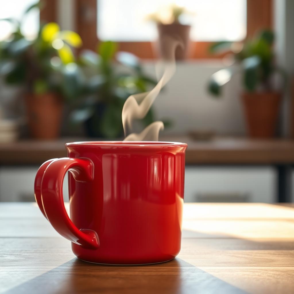 A close-up view of a slanted red coffee mug sitting on a wooden table