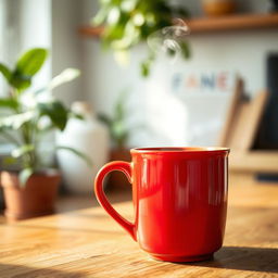 A close-up view of a slanted red coffee mug sitting on a wooden table