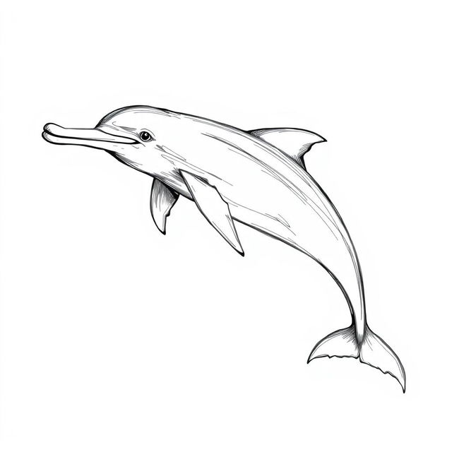 A black and white sketch illustration of a Mahakam river dolphin, a unique and endangered species found in Indonesia