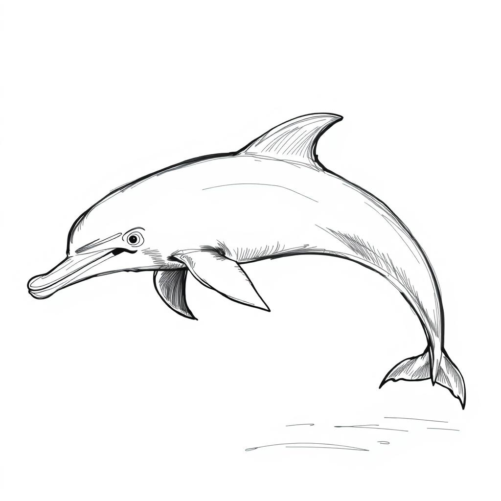 A black and white sketch illustration of a Mahakam river dolphin, a unique and endangered species found in Indonesia