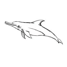 A black and white sketch illustration of a Mahakam river dolphin, a unique and endangered species found in Indonesia