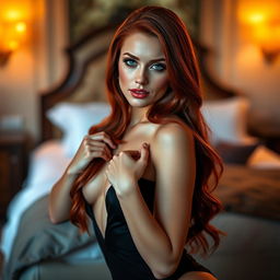 A sexy redhead in an elegant setting, exuding confidence and allure, with long flowing red hair cascading over her shoulders and striking green eyes