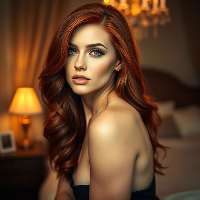 A sexy redhead in an elegant setting, exuding confidence and allure, with long flowing red hair cascading over her shoulders and striking green eyes