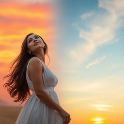 A serene scene featuring a woman in a flowing white dress looking up at the sky
