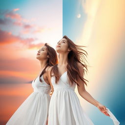 A serene scene featuring a woman in a flowing white dress looking up at the sky