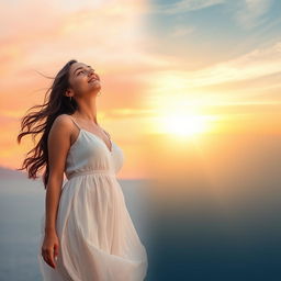 A serene scene featuring a woman in a flowing white dress looking up at the sky