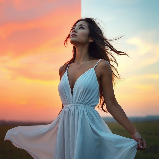 A serene scene featuring a woman in a flowing white dress looking up at the sky