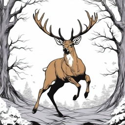 A high-quality, colored manga-style digital art image displaying a majestic, full-bodied deer with a large, imposing antler, leaping in mid-air