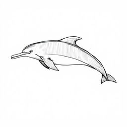 A monochrome sketched illustration of a Mahakam river dolphin, depicted in a flat perspective without a snout