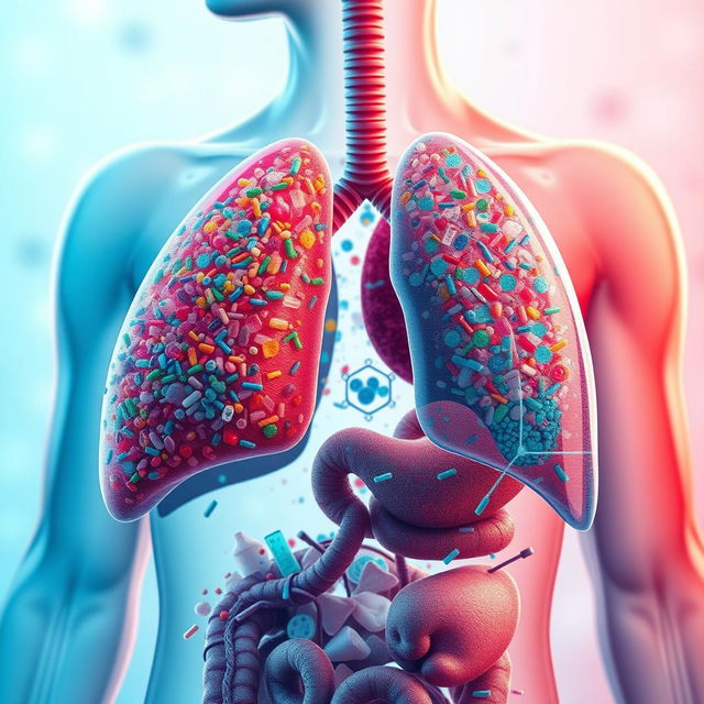 A visually striking illustration of microplastics accumulation in the human body, showcasing their presence within organs such as the lungs, liver, and digestive system