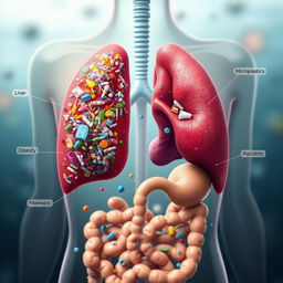 A visually striking illustration of microplastics accumulation in the human body, showcasing their presence within organs such as the lungs, liver, and digestive system