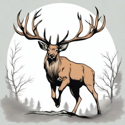 A high-quality, colored manga-style digital art image displaying a majestic, full-bodied deer with a large, imposing antler, leaping in mid-air