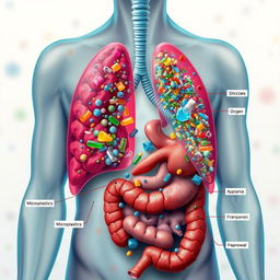A visually striking illustration of microplastics accumulation in the human body, showcasing their presence within organs such as the lungs, liver, and digestive system