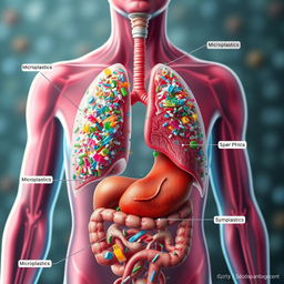A visually striking illustration of microplastics accumulation in the human body, showcasing their presence within organs such as the lungs, liver, and digestive system