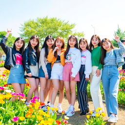 A vibrant and lively scene featuring eight talented girls: Yunah from Illit, Haewon from Nmixx, Hanni from New Jeans, Eunchae from Le Sserafim, Kazuha from Le Sserafim, Miyeon from Gidle, Yuqi from Gidle, and Wonhee from Illit