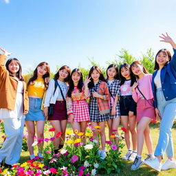 A vibrant and lively scene featuring eight talented girls: Yunah from Illit, Haewon from Nmixx, Hanni from New Jeans, Eunchae from Le Sserafim, Kazuha from Le Sserafim, Miyeon from Gidle, Yuqi from Gidle, and Wonhee from Illit