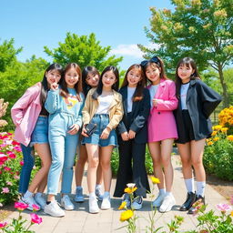 A vibrant and lively scene featuring eight talented girls: Yunah from Illit, Haewon from Nmixx, Hanni from New Jeans, Eunchae from Le Sserafim, Kazuha from Le Sserafim, Miyeon from Gidle, Yuqi from Gidle, and Wonhee from Illit