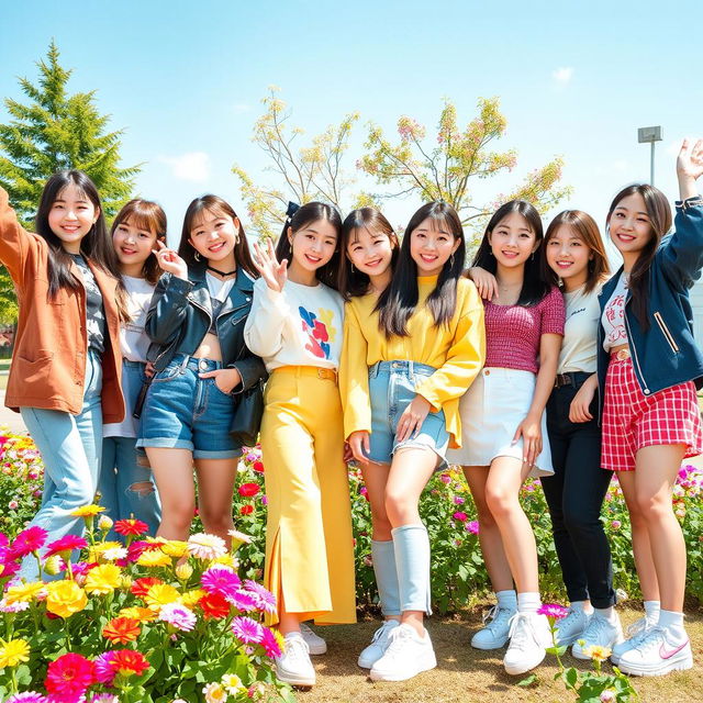 A vibrant and lively scene featuring eight talented girls: Yunah from Illit, Haewon from Nmixx, Hanni from New Jeans, Eunchae from Le Sserafim, Kazuha from Le Sserafim, Miyeon from Gidle, Yuqi from Gidle, and Wonhee from Illit