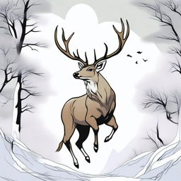 A high-quality, colored manga-style digital art image displaying a majestic, full-bodied deer with a large, imposing antler, leaping in mid-air