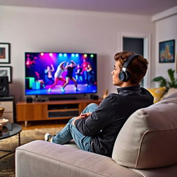 A young man sitting comfortably on a couch, intently watching a colorful and vibrant television screen that features dynamic visuals of a hip hop dance performance