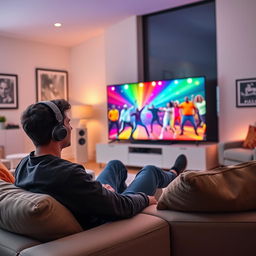 A young man sitting comfortably on a couch, intently watching a colorful and vibrant television screen that features dynamic visuals of a hip hop dance performance