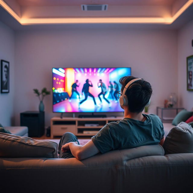 A young man sitting comfortably on a couch, intently watching a colorful and vibrant television screen that features dynamic visuals of a hip hop dance performance