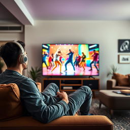 A young man sitting comfortably on a couch, intently watching a colorful and vibrant television screen that features dynamic visuals of a hip hop dance performance