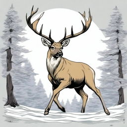 A high-quality, colored manga-style digital art image displaying a majestic, full-bodied deer with a large, imposing antler, leaping in mid-air