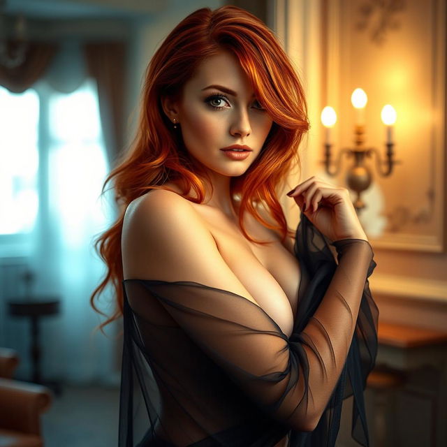 A stunningly beautiful red-haired woman posing confidently in an artistic and sensual manner