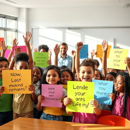 A vibrant classroom scene featuring a diverse group of enthusiastic students, each holding colorful posters in their hands, with some students raising their hands to ask questions