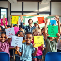 A vibrant classroom scene featuring a diverse group of enthusiastic students, each holding colorful posters in their hands, with some students raising their hands to ask questions