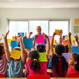 A vibrant classroom scene featuring a diverse group of enthusiastic students, each holding colorful posters in their hands, with some students raising their hands to ask questions