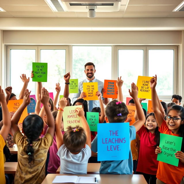 A vibrant classroom scene featuring a diverse group of enthusiastic students, each holding colorful posters in their hands, with some students raising their hands to ask questions