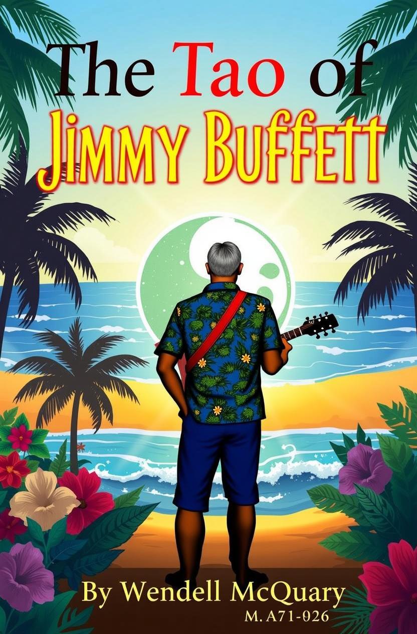 A tropical landscape featuring a man playing guitar, with a balding top and slightly longer hair at the back