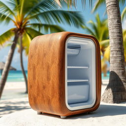A portable refrigerator designed to mimic the mesocarp of a coconut, displaying a textured surface that resembles the fibrous and rough exterior of a coconut shell