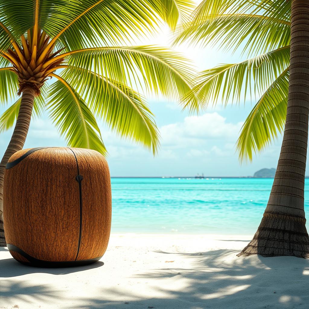 A portable refrigerator designed to mimic the mesocarp of a coconut, displaying a textured surface that resembles the fibrous and rough exterior of a coconut shell