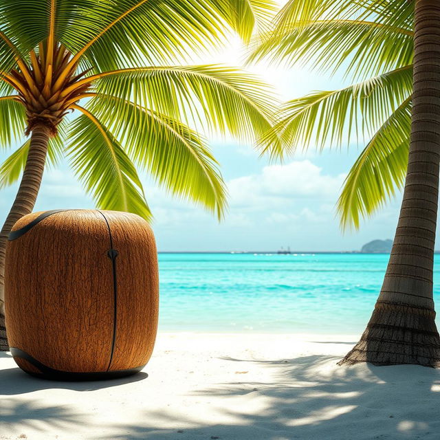 A portable refrigerator designed to mimic the mesocarp of a coconut, displaying a textured surface that resembles the fibrous and rough exterior of a coconut shell